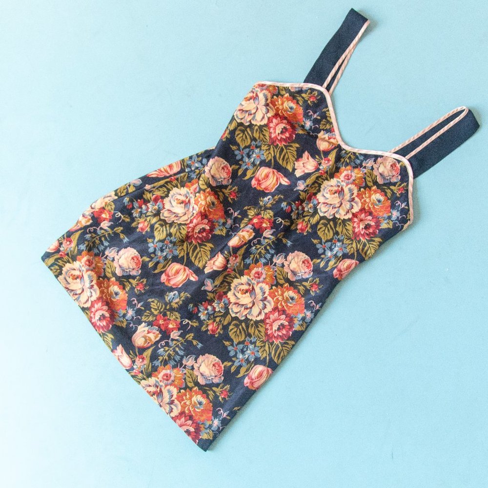 VINTAGE Navy Blue Floral Wide Strap Sweetheart Mini Intimate Slip Dress Sz S